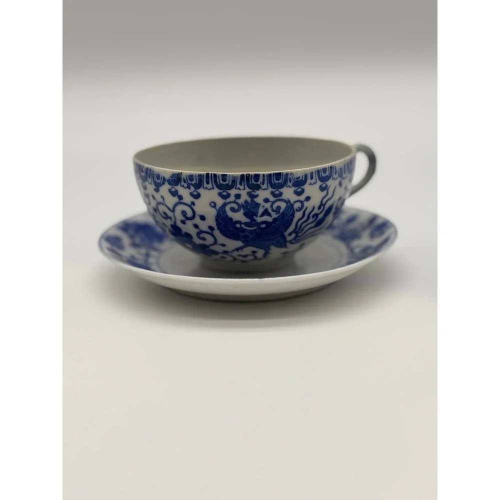 Vintage Blue White‎ Floral Phoenix Bird Teacup and Saucer Set Delicate Porcelain
